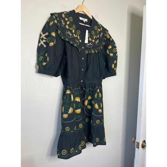 NWT Sea New York Tie Waist Perle Print Puff Sleeve Mini Dress Black Size: XL - Picture 3 of 7